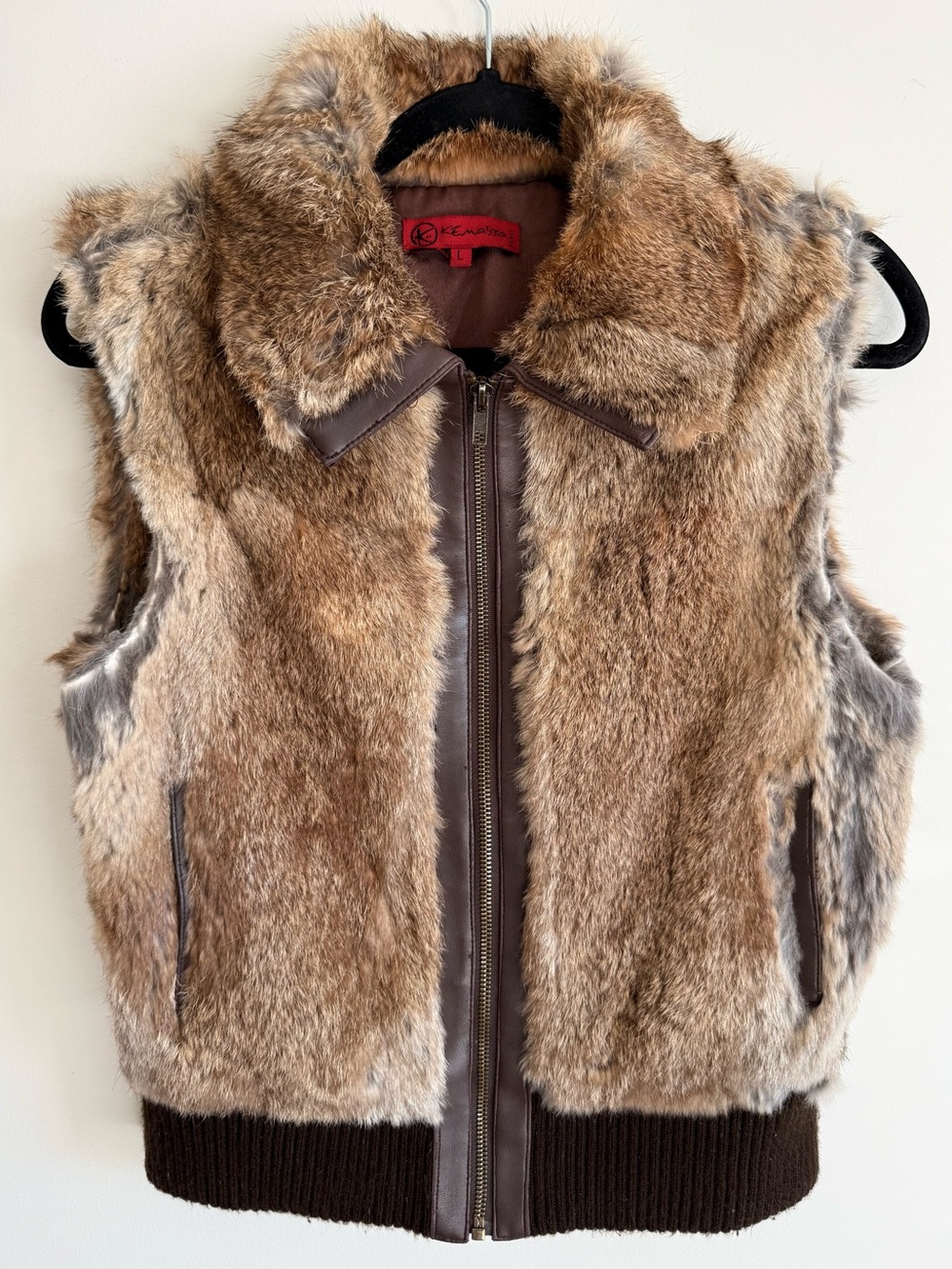 Y2K Rabbit Fur Vest with Oversized Collar Brown Leather Trim Size S/M
